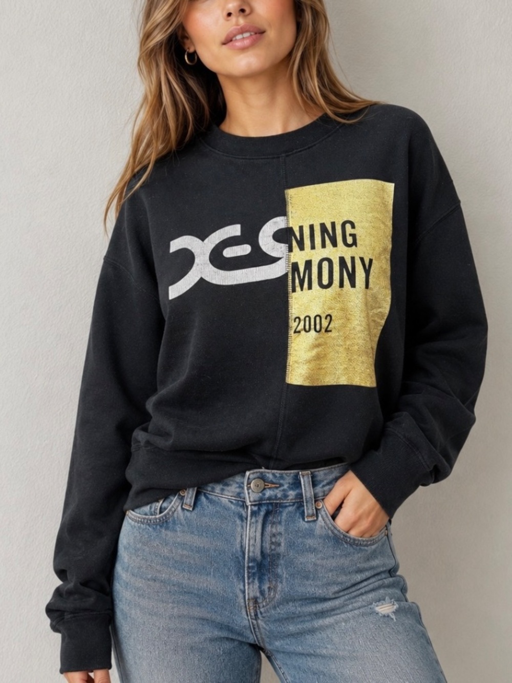 X-Girl x Opening Ceremony Remake Split Logo Crewneck Sweatshirt Black Gold Sz S